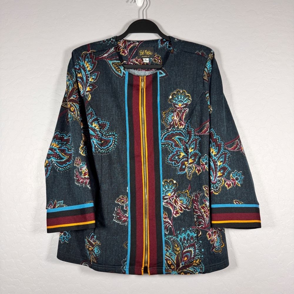 Bob Mackie Medium Jacket Teal Paisley Floral 3/4 Sleeve Zip Front Wearable Art